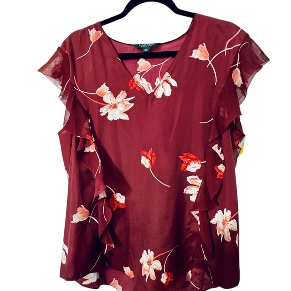 Classic Ralph Lauren Floral Ruffle Blouse Size Large Pink Red - Picture 1 of 11